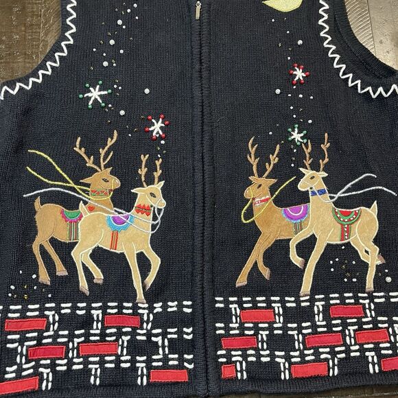 VTG Studio Joy Womens Large Ugly Christmas Sweater Vest Reindeer Embroidery Bead - Picture 2 of 5